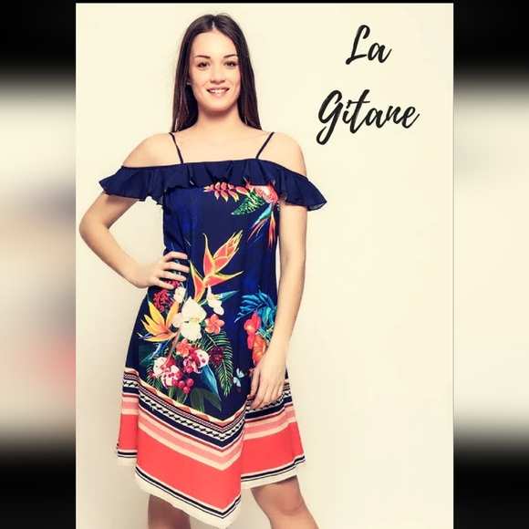 Women's Floral Off-Shoulder Dress - Navy and Red - Picture 1 of 2